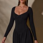 Long Sleeve Layered A-Line Mini Dress in Black - Image 6