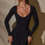 Long Sleeve Layered A-Line Mini Dress in Black - Image 9