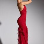 Embellished Halter Neck Ruffle Maxi Dress in Red - Image 3