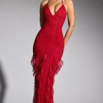 Embellished Halter Neck Ruffle Maxi Dress in Red - Image 7