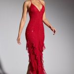 Embellished Halter Neck Ruffle Maxi Dress in Red - Image 8