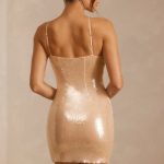 Sheer Sequin Asymmetric Cut Out Mini Dress in Tan - Image 2