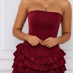 Bandeau Ruffled Tiered Corset Mini Dress in Berry Red - Image 5