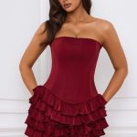 Bandeau Ruffled Tiered Corset Mini Dress in Berry Red - Image 6