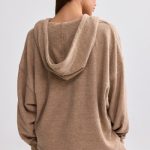 Terry Towelling V-Neck Hoodie in Mocha Brown - Image 2