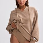 Terry Towelling V-Neck Hoodie in Mocha Brown - Image 5