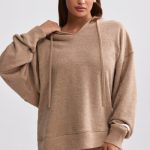 Terry Towelling V-Neck Hoodie in Mocha Brown - Image 6
