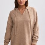 Terry Towelling V-Neck Hoodie in Mocha Brown - Image 7