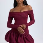 Modal Off-Shoulder Bubble Hem Mini Dress in Wine Red