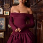 Modal Off-Shoulder Bubble Hem Mini Dress in Wine Red - Image 2