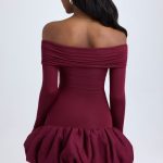 Modal Off-Shoulder Bubble Hem Mini Dress in Wine Red - Image 3