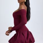 Modal Off-Shoulder Bubble Hem Mini Dress in Wine Red - Image 4
