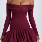 Modal Off-Shoulder Bubble Hem Mini Dress in Wine Red - Image 5