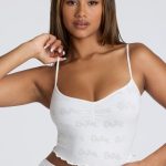 Strappy Ruched Pointelle Crop Top in White