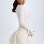 Modal Drop-Waist Bubble Hem Mini Dress in Ivory - Image 3