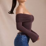 Modal-Cashmere Blend Off-Shoulder Ruched Top in Espresso - Image 4