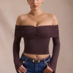 Modal-Cashmere Blend Off-Shoulder Ruched Top in Espresso - Image 6