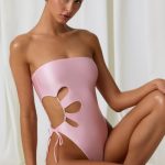 Pearl-Detail Cut-Out Bandeau Swimsuit in Soft Pink