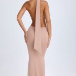 Scarf-Detail Cut-Out Halterneck Maxi Dress in Warm Peach - Image 4