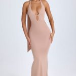 Scarf-Detail Cut-Out Halterneck Maxi Dress in Warm Peach - Image 7