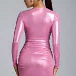 Long Sleeve Metallic Jersey Mini Dress in Rose Pink - Image 2