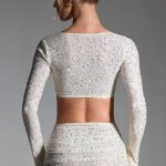 Embellished Long-Sleeve Crop Top in White