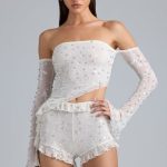 Ruched Ruffle Asymmetric Top in Ivory