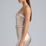 Metallic Denim Belted Strapless Mini Dress in Champagne - Image 3
