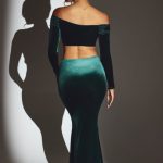 Velvet Off The Shoulder Ruched Crop Top in Emerald Green - Image 2