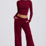 Low-Rise Wide-Leg Joggers in Burgundy - Image 7