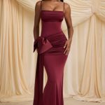 Bow-Detail Ruched Maxi Dress in Wine Red