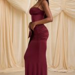 Bow-Detail Ruched Maxi Dress in Wine Red - Image 3