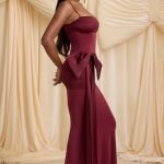 Bow-Detail Ruched Maxi Dress in Wine Red - Image 5