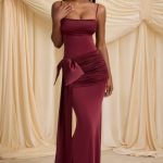 Bow-Detail Ruched Maxi Dress in Wine Red - Image 6