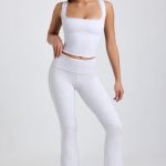 Petite Ribbed Modal Mid-Rise Foldover Flared Trousers in Grey