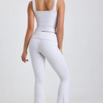 Petite Ribbed Modal Mid-Rise Foldover Flared Trousers in Grey - Image 2