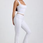 Petite Ribbed Modal Mid-Rise Foldover Flared Trousers in Grey - Image 3