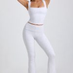 Petite Ribbed Modal Mid-Rise Foldover Flared Trousers in Grey - Image 5