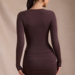 Modal-Cashmere Blend Draped Long-Sleeve Mini Dress in Espresso - Image 3