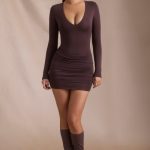 Modal-Cashmere Blend Draped Long-Sleeve Mini Dress in Espresso - Image 8