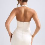 Halterneck Structured Tulip Mini Dress in Ivory - Image 2
