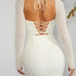 Long Sleeve Embellished Corset Mini Dress in Ivory - Image 6