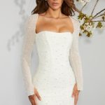 Long Sleeve Embellished Corset Mini Dress in Ivory - Image 8