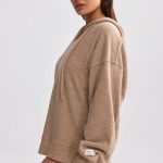 Terry Towelling V-Neck Hoodie in Mocha Brown - Image 3