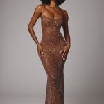 Sheer Embellished Scoop Neck Evening Gown in Mocha