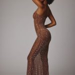 Sheer Embellished Scoop Neck Evening Gown in Mocha - Image 3