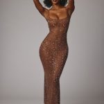 Sheer Embellished Scoop Neck Evening Gown in Mocha - Image 7
