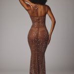 Sheer Embellished Scoop Neck Evening Gown in Mocha - Image 11