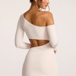 Textured Jersey Asymmetric Cut Out Mini Dress in Ivory - Image 2