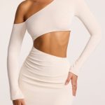 Textured Jersey Asymmetric Cut Out Mini Dress in Ivory - Image 4